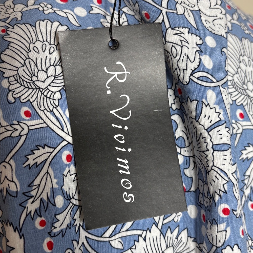 Blue Floral Maxi Dress XXL Cottagecore Tassel Tie Peasant Dress Flowy Romantic - Picture 8 of 8
